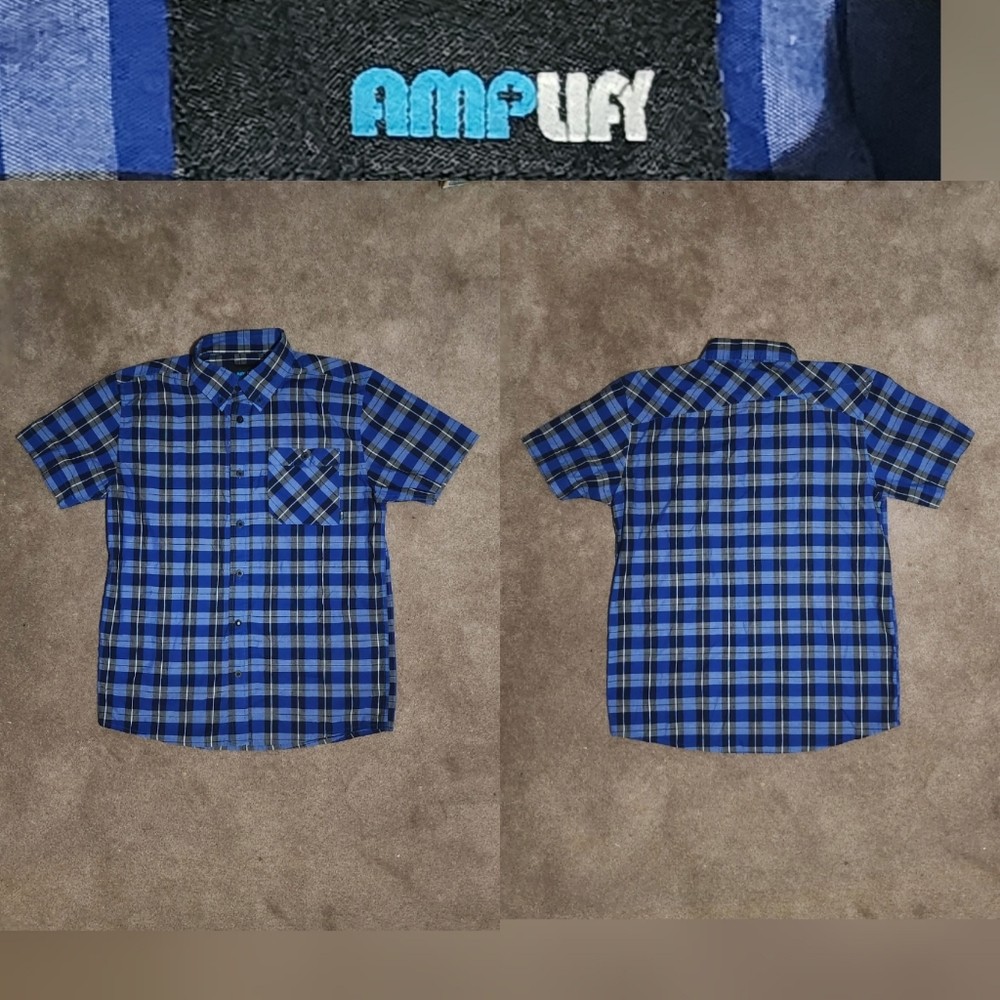 Kids Amplify Blue Plaid Button Down Shirt Sz Lg & Med